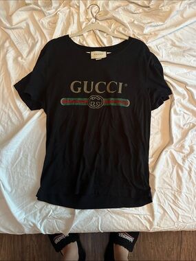 Gucci Black Logo Tee with Signature Green-Red Stripe